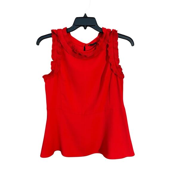 Ann Taylor Women's Sleeveless Red Peplum Ruffled Neckline Ruffled Armhole Top 10 - Picture 1 of 8